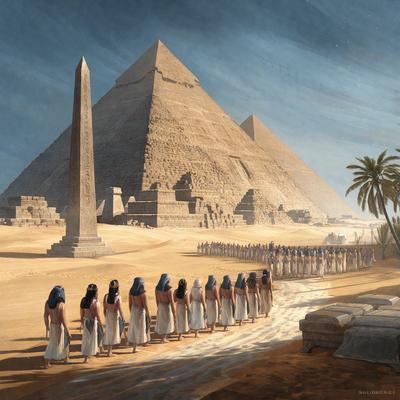 The primary subject of the image is a group of women dressed in white, walking in a line. They are walking in front of a large Egyptian pyramid, which serves as the setting and background of the scene. The visual style of the image is a painting, which gives it a more artistic and detailed appearance. The colors and mood of the painting are predominantly earthy tones, creating a sense of history and cultural significance.